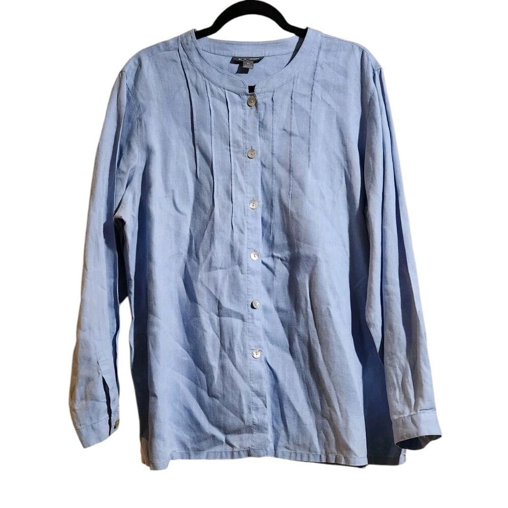 Go By GoSilk Womans Blue 100% Linen Long Sleeved Button Down Shirt Sz XL Coastal